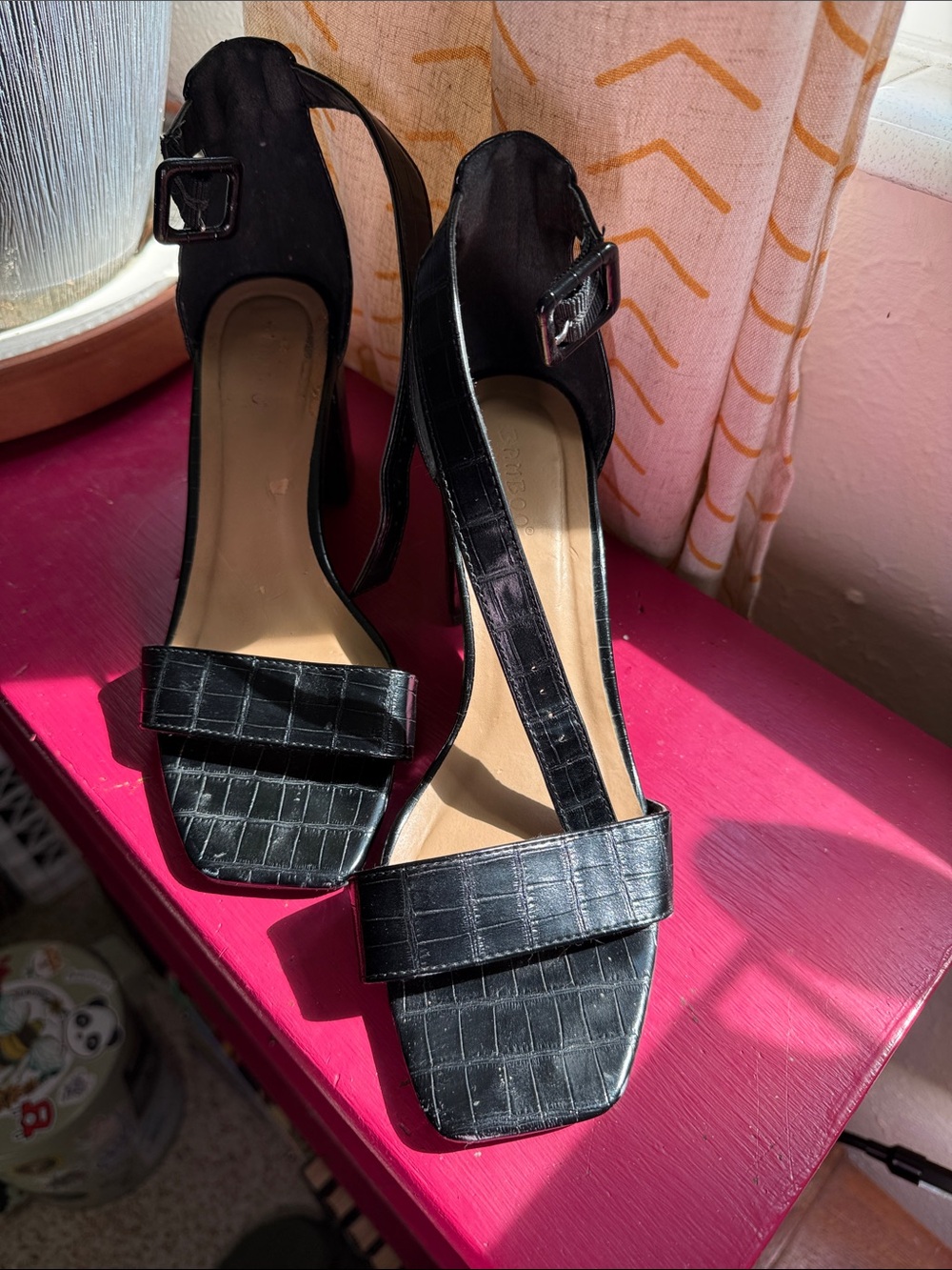 BAMBOO Black Croc-Embossed T-Strap Heels